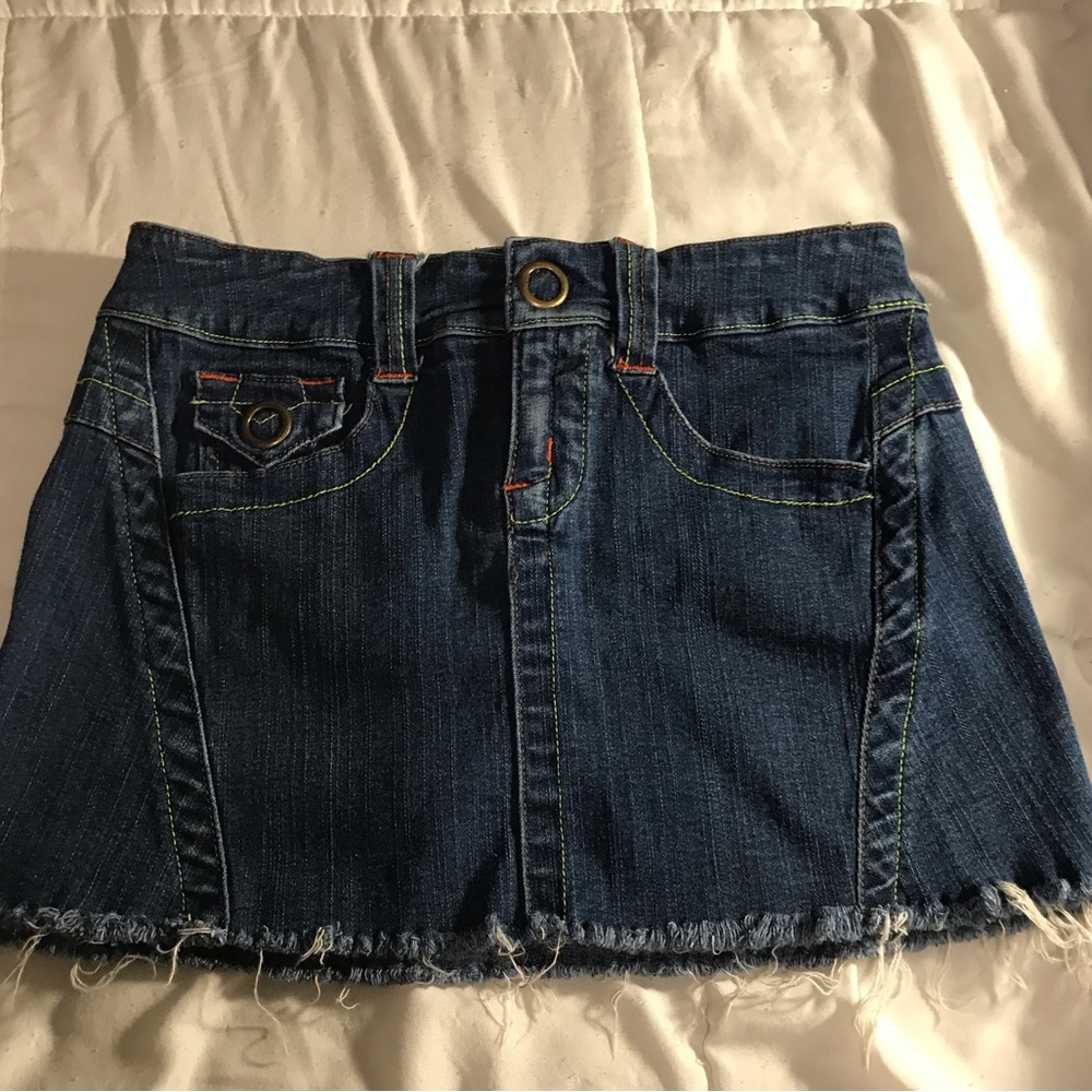 Vintage Blue Asphalt Cut-off Denim Mini Skirt. Orange and neon green stitching.